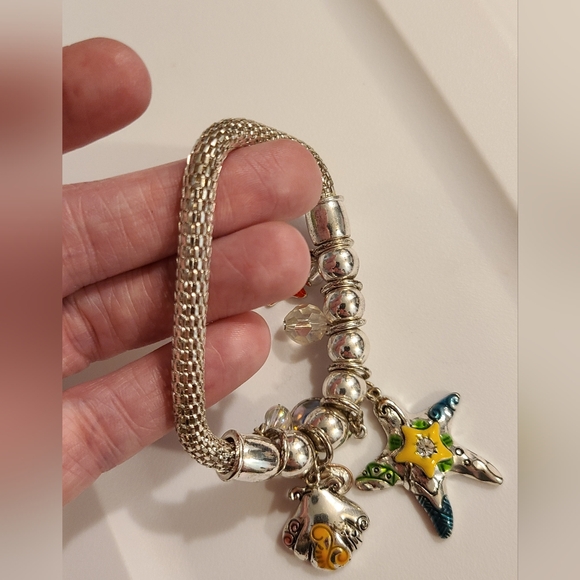 Sea ocean charm bracelet AB crystal starfish seahorse shells mesh stretch silver - Picture 10 of 11